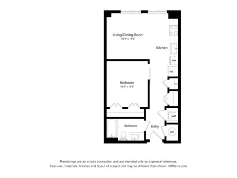 Floor plan for studio, 1 bath, 593 sqft